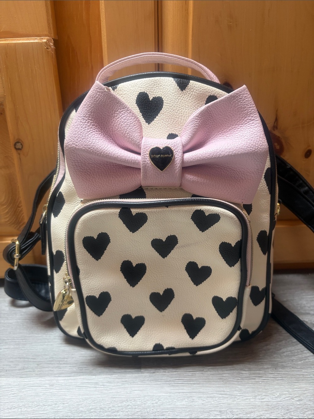 Betsey Johnson Cream Heart Mini Backpack with Pink Bow